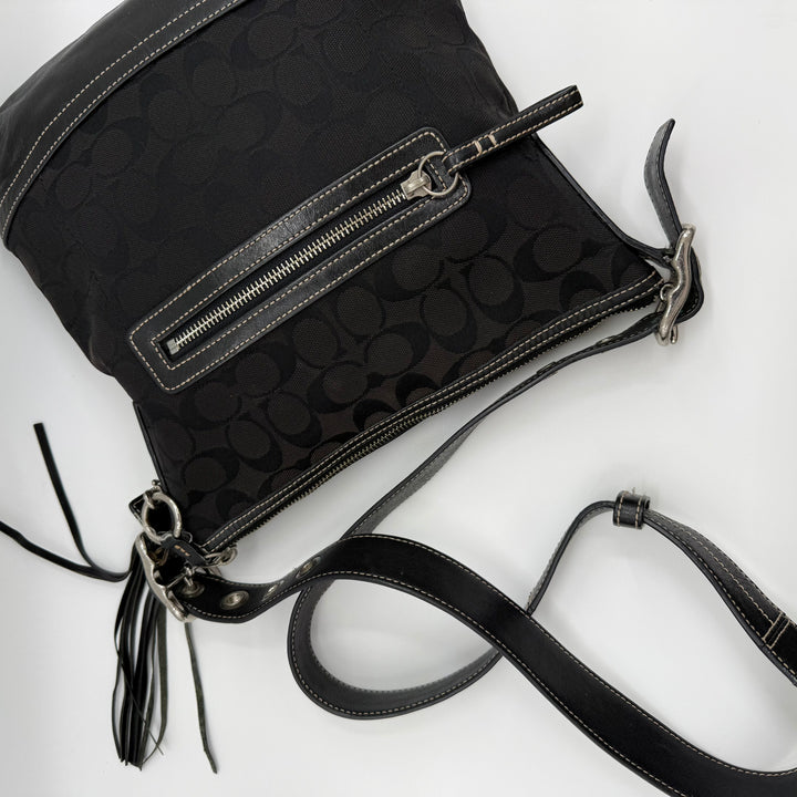 Coach Signature Black Canvas Hobo Crossbody Handbag
