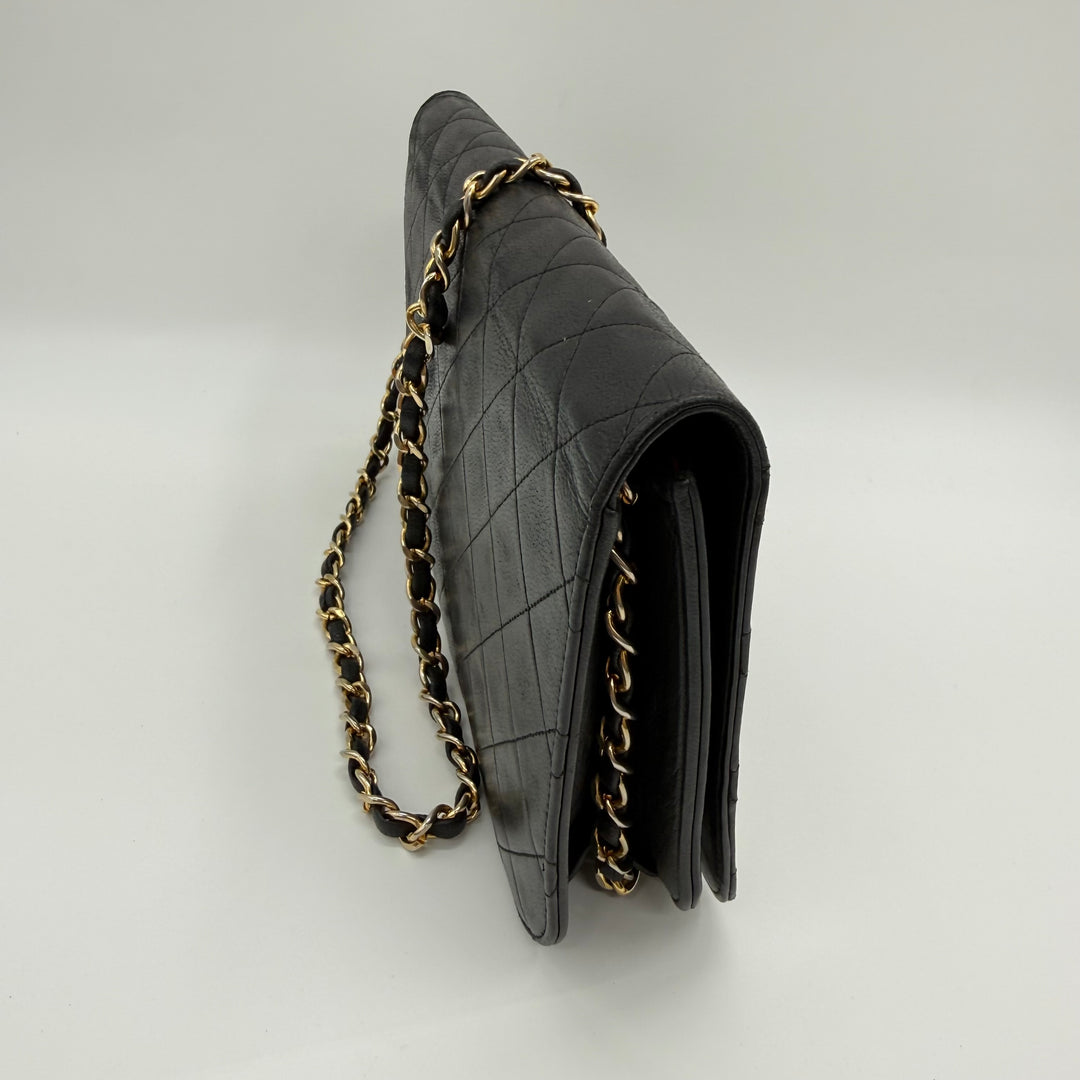 Chanel CC Black Push Lock Single Flap Quilted Lambskin Shoulder Handbag