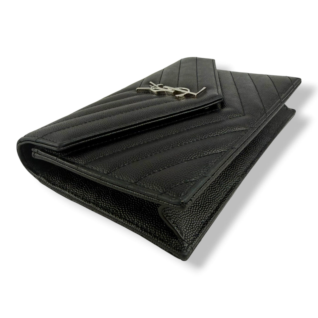 Saint Laurent YSL Black Grained Envelope Leather Wallet On Chain Handbag