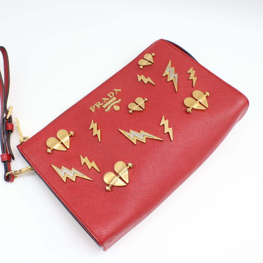 Prada Red Gold Embossed Clutch Handbag