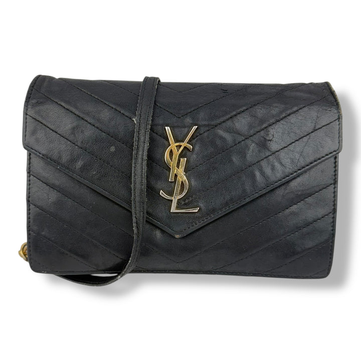 Saint Laurent YSL Black Envelope Leather Wallet On Chain Handbag