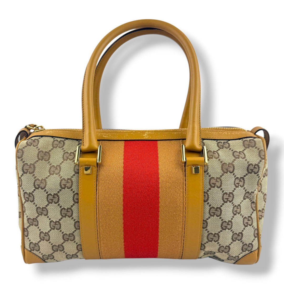 Gucci Sherry Line Beige/Red GG Monogram Boston Canvas Bag