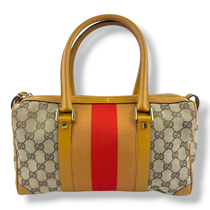 Gucci Sherry Line Beige/Red GG Monogram Boston Canvas Bag