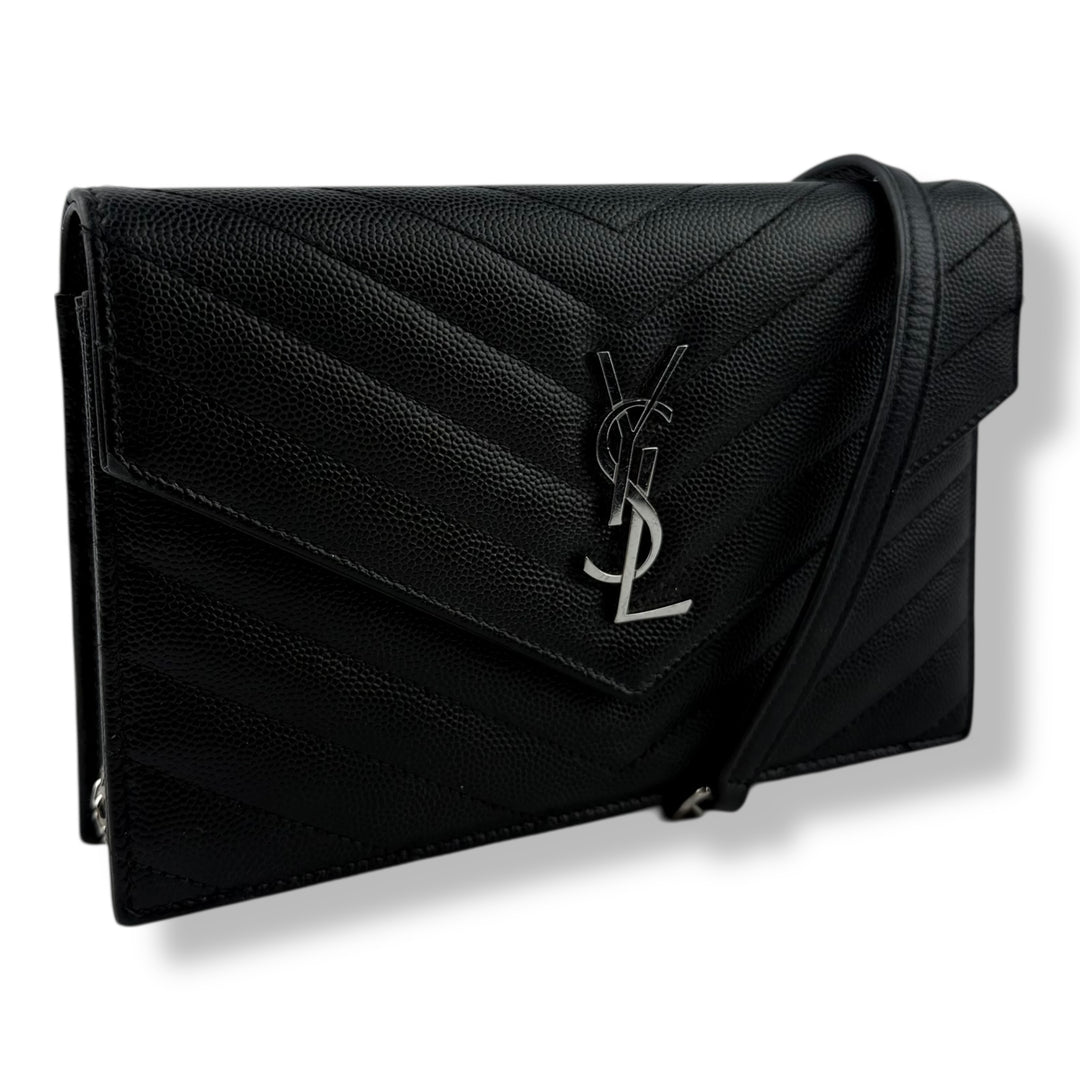 Saint Laurent YSL Black Grained Envelope Leather Wallet On Chain Handbag