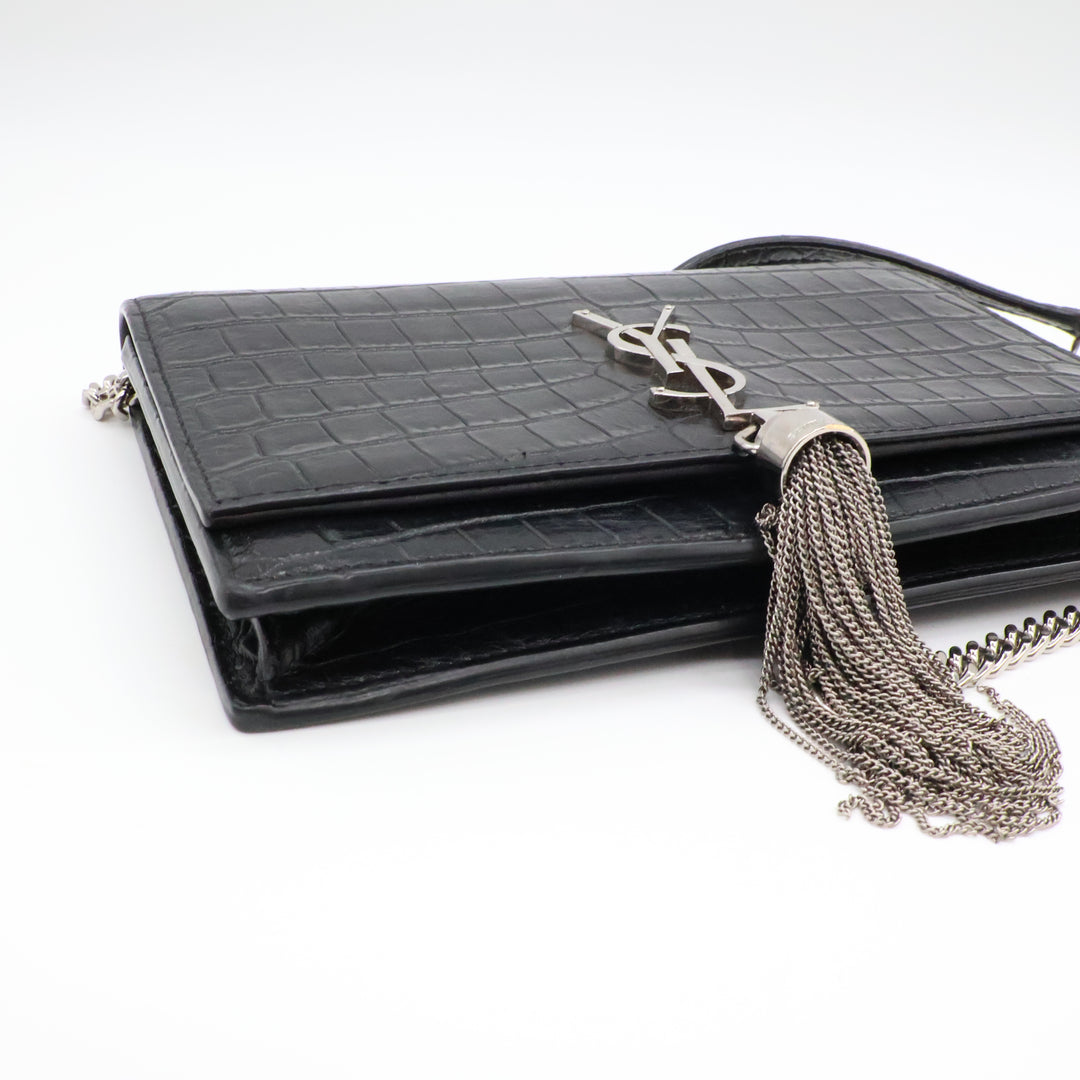 Saint Laurent YSL Black Croc Leather Kate Tassel Wallet On Chain Handbag