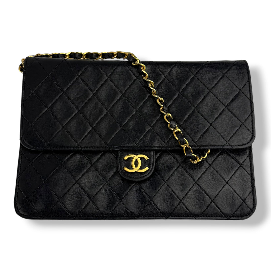 Chanel CC Black Push Lock Single Flap Quilted Lambskin Shoulder Handbag