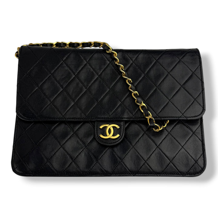 Chanel CC Black Push Lock Single Flap Quilted Lambskin Shoulder Handbag