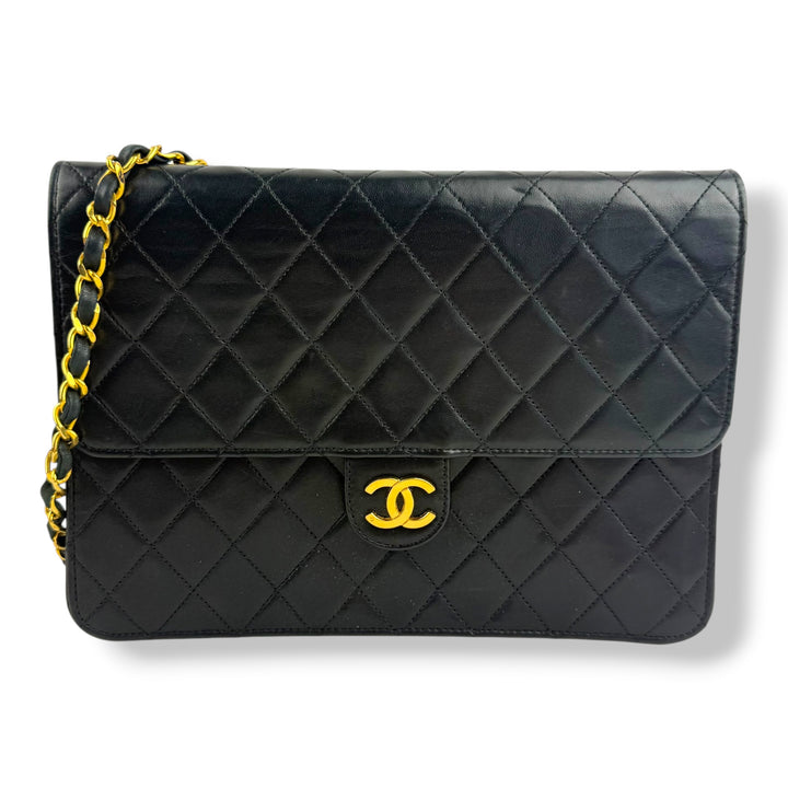 Chanel CC Black Push Lock Single Flap Quilted Lambskin Shoulder Handbag