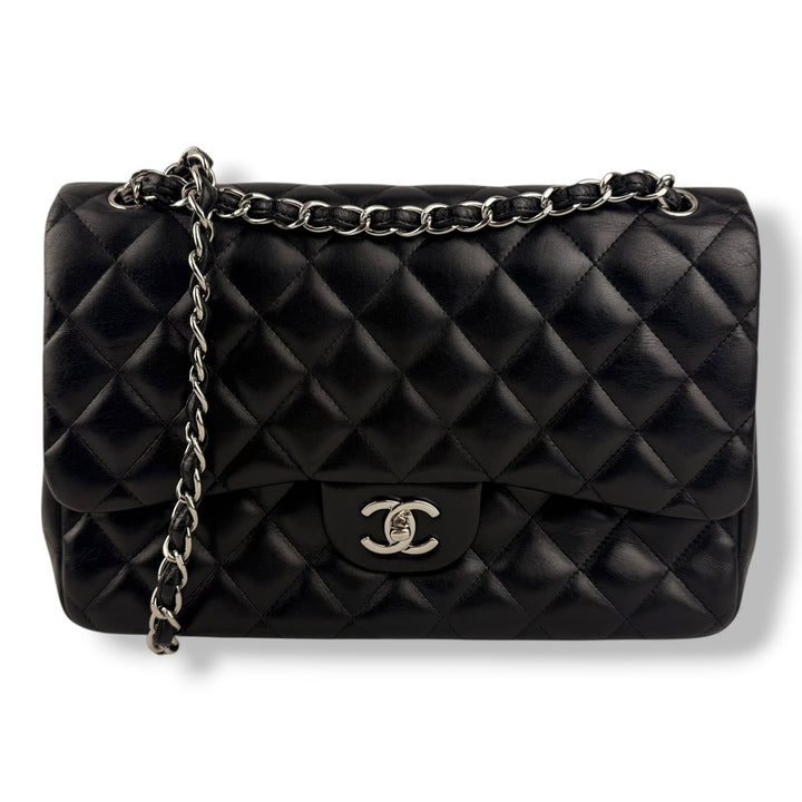 Chanel Double Classic Lambskin Black Flap Handbag Large