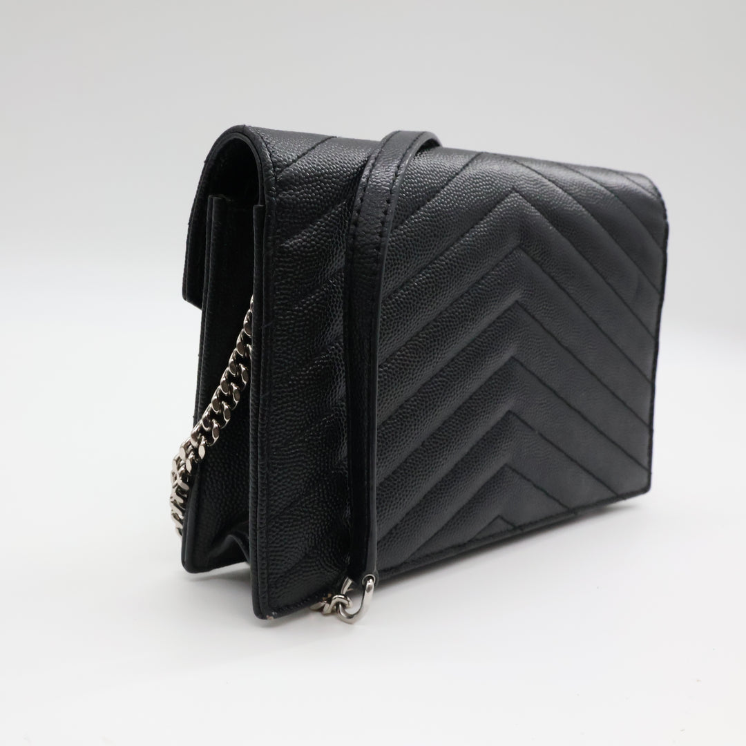 Saint Laurent YSL Black Grained Envelope Leather Wallet On Chain Handbag