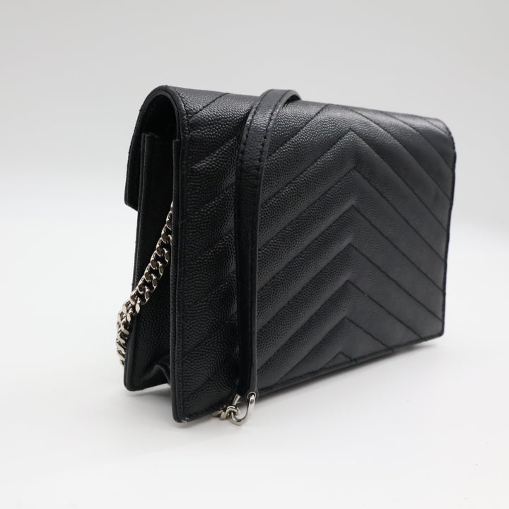 Saint Laurent YSL Black Grained Envelope Leather Wallet On Chain Handbag