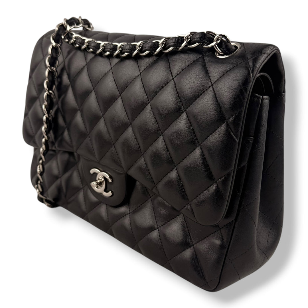 Chanel Double Classic Lambskin Black Flap Handbag Large