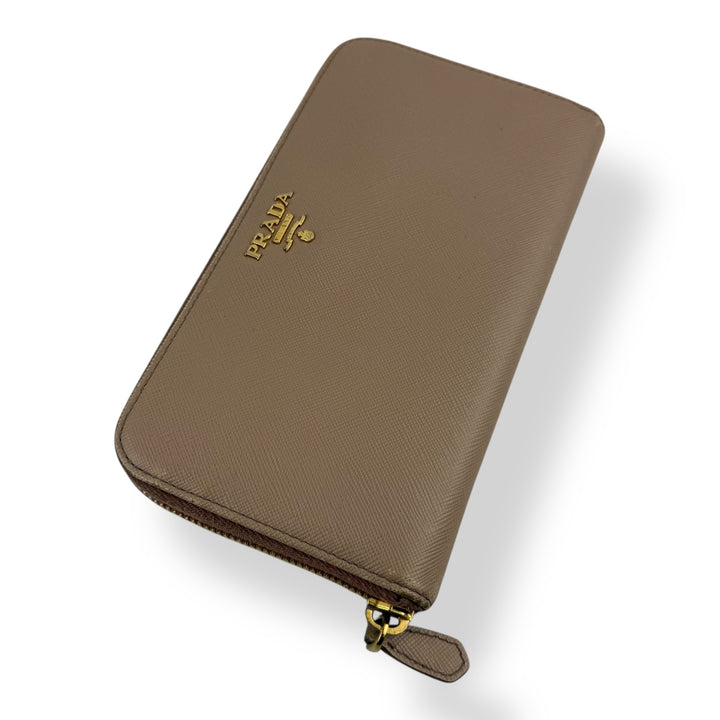 Prada Saffiano Beige Long Zip Around Wallet