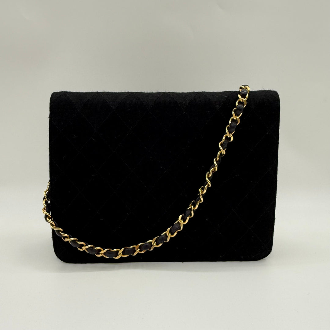 Chanel CC Black Push Lock Single Flap Quilted Cotton Shoulder Handbag