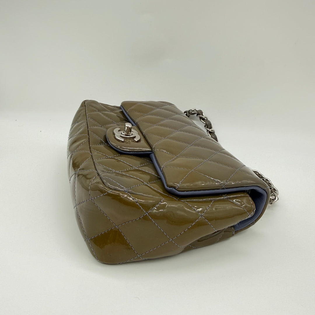 Chanel Mini Classic Flap Patent Leather Khaki Handbag