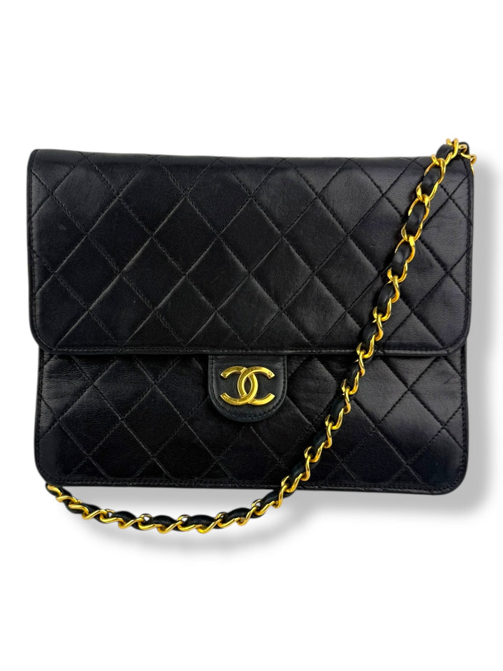 CHANEL CC Logo Matelasse Black Leather Single Flap Chain Shoulder Handbag