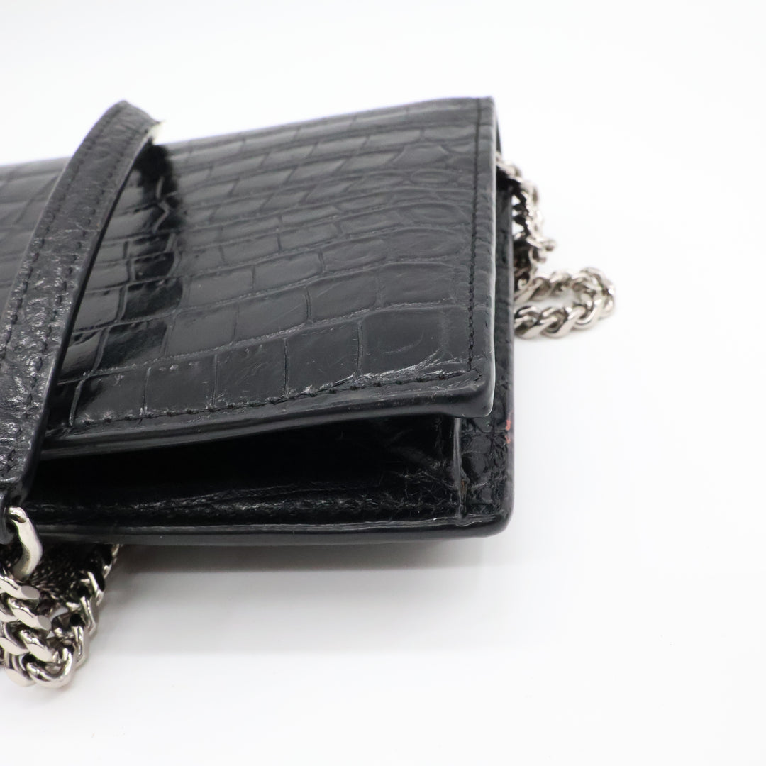 Saint Laurent YSL Black Croc Leather Kate Tassel Wallet On Chain Handbag
