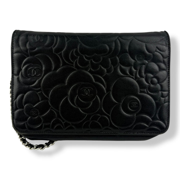 CHANEL Lambskin Quilted Camelia Wallet On Chain WOC Black Handbag