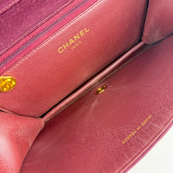 Chanel CC Burgundy Push Lock Single Flap Quilted Cotton Shoulder Handbag