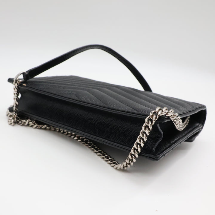 Saint Laurent YSL Black Grained Envelope Leather Wallet On Chain Handbag