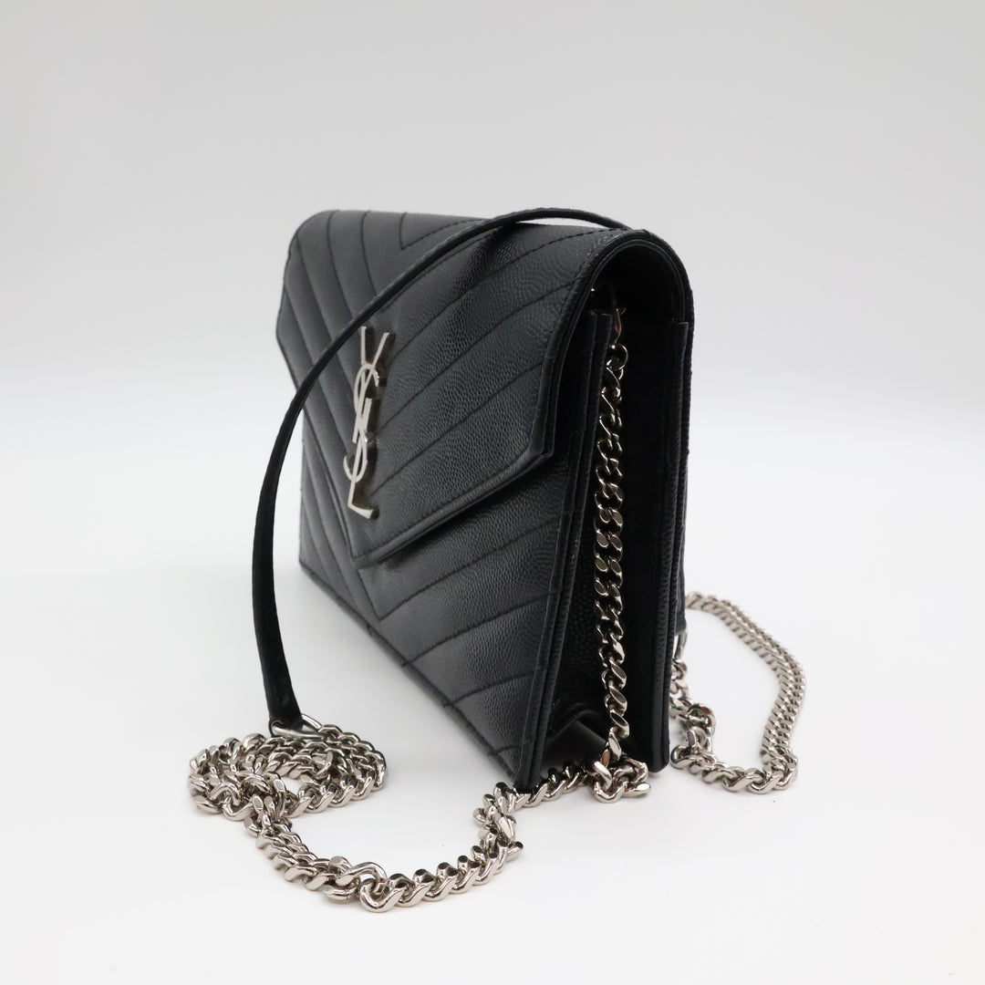 Saint Laurent YSL Black Grained Envelope Leather Wallet On Chain Handbag