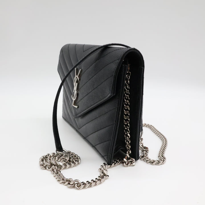 Saint Laurent YSL Black Grained Envelope Leather Wallet On Chain Handbag