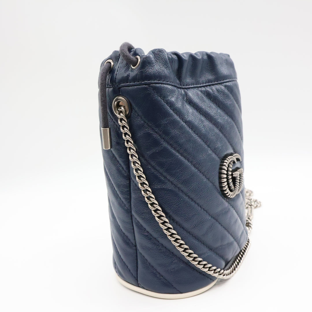 Gucci GG Marmont Navy Leather Mini Bucket Handbag