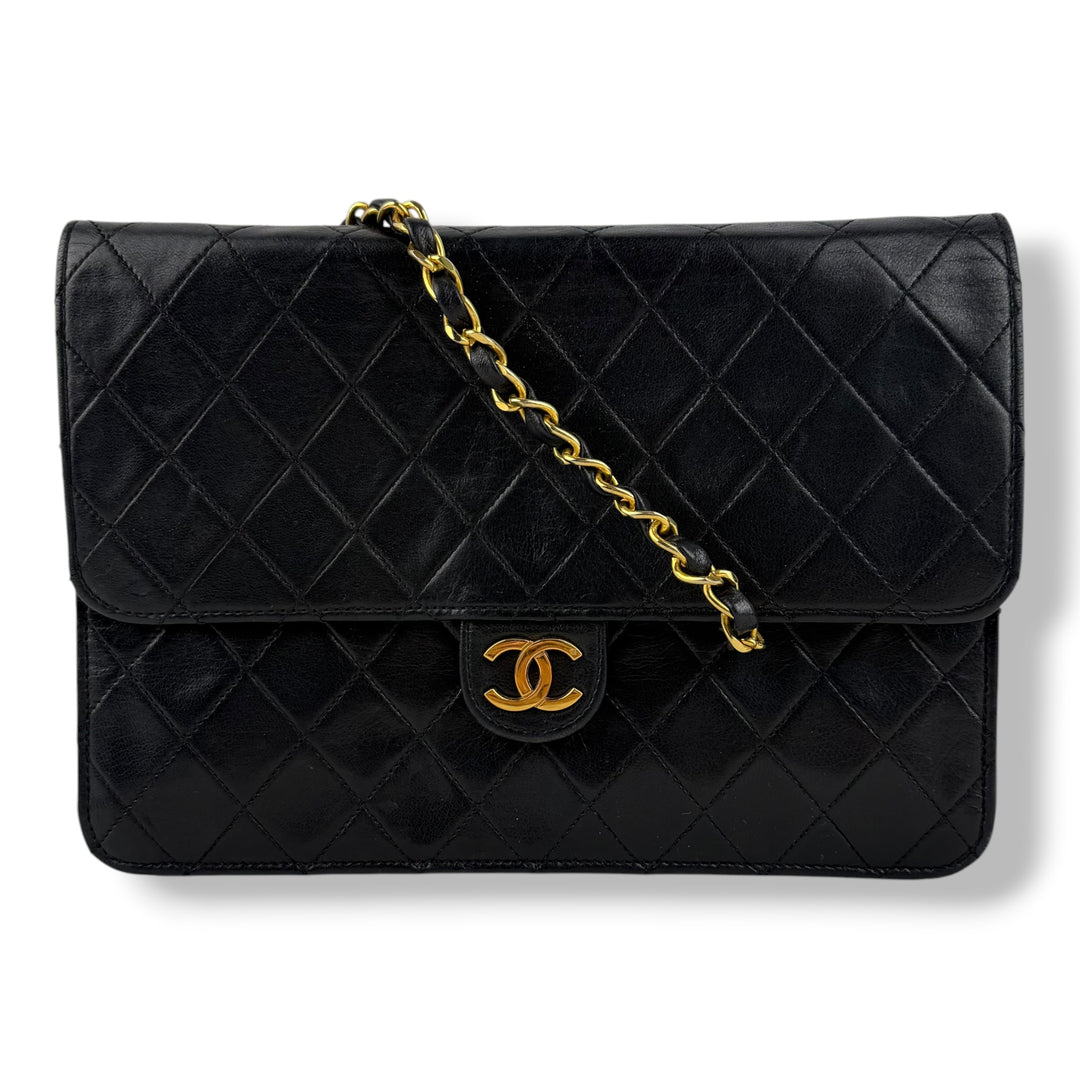 Chanel CC Black Push Lock Single Flap Quilted Lambskin Shoulder Handbag