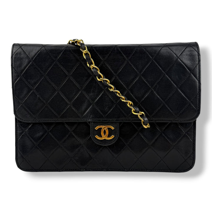 Chanel CC Black Push Lock Single Flap Quilted Lambskin Shoulder Handbag