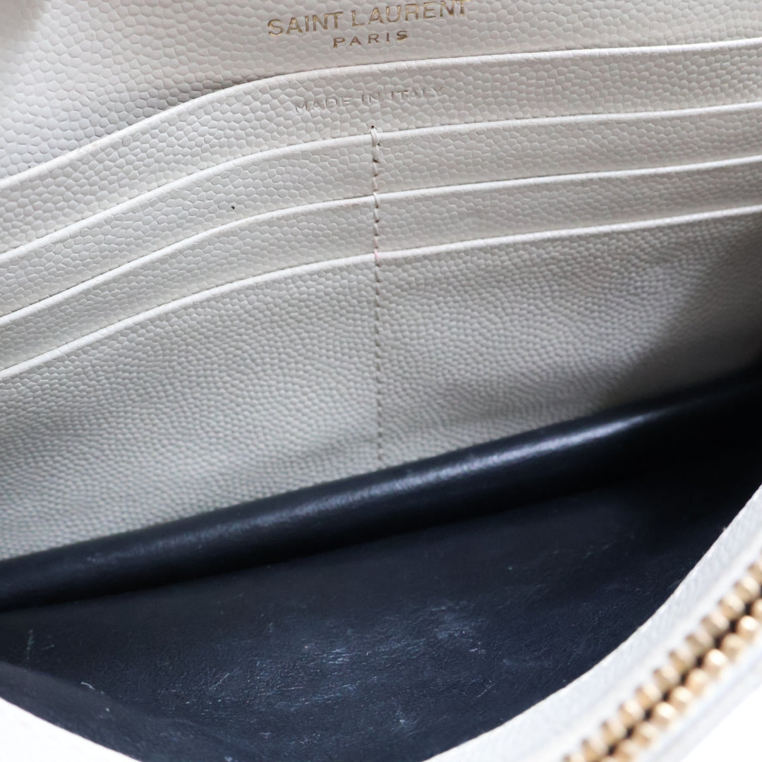 Saint Laurent YSL White Grained Envelope Leather Wallet On Chain Handbag