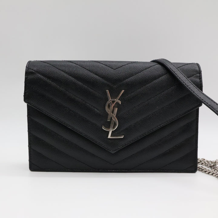 Saint Laurent YSL Black Grained Envelope Leather Wallet On Chain Handbag