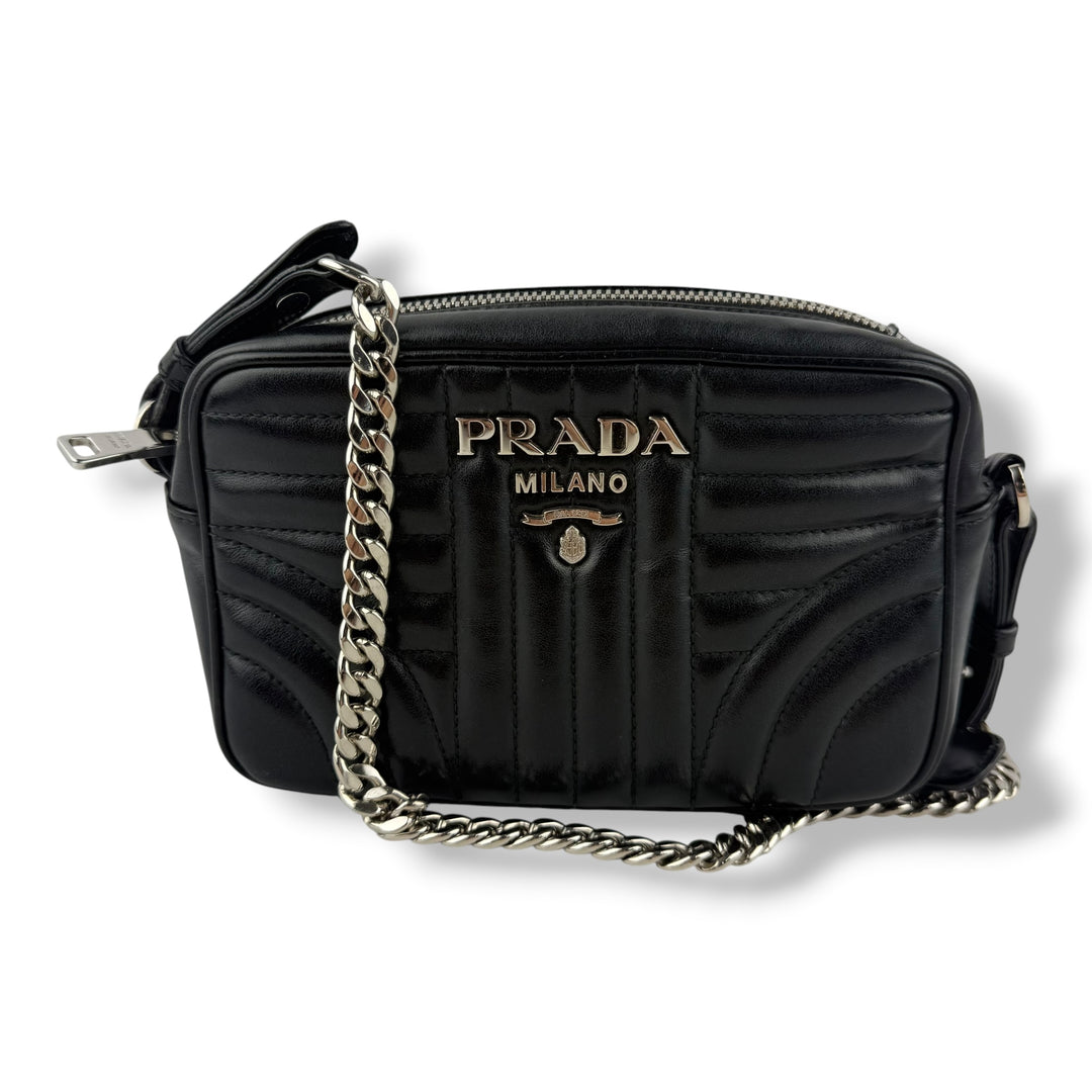 Prada Diagramme Black Calfskin Leather Camera Crossbody Handbag
