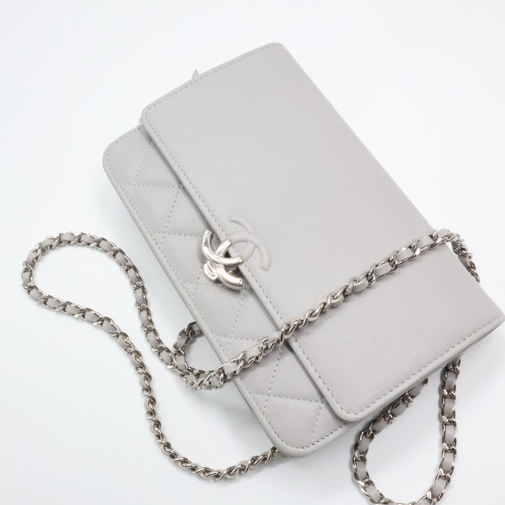CHANEL Lambskin Quilted Wallet On Chain WOC Grey Handbag
