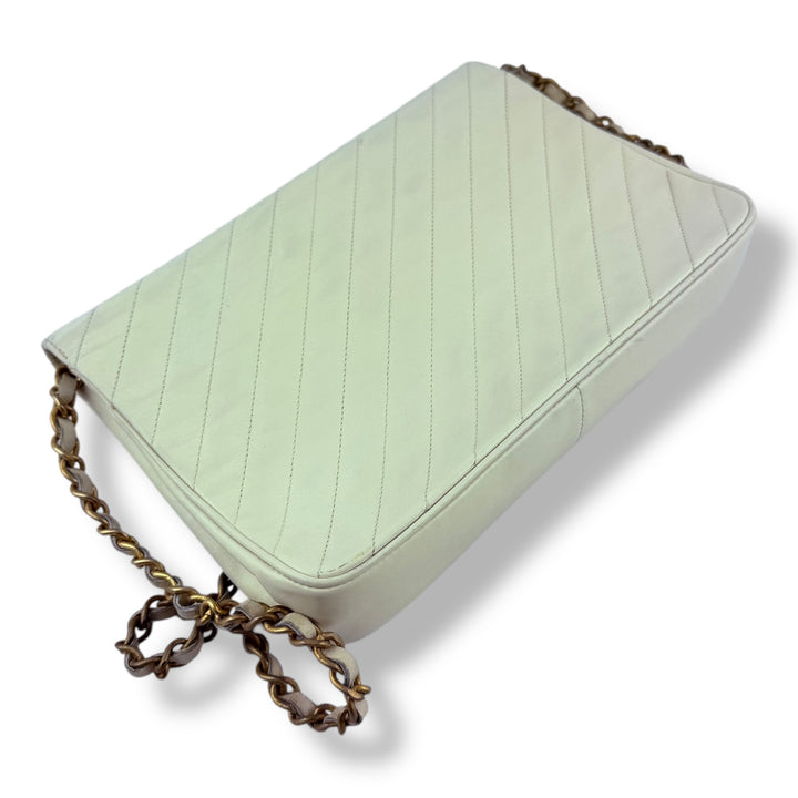 Chanel CC Cream Push Lock Single Flap Vintage Shoulder Handbag