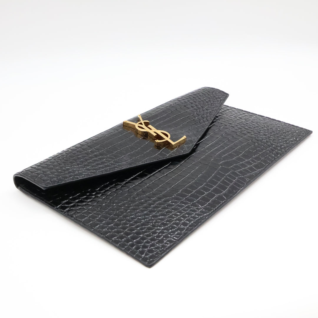 Saint Laurent YSL Croc Uptown Black/Gold Leather Clutch Bag