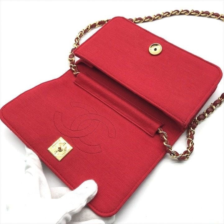 Chanel CC Red Push Lock Single Flap Quilted Cotton Shoulder Handbag