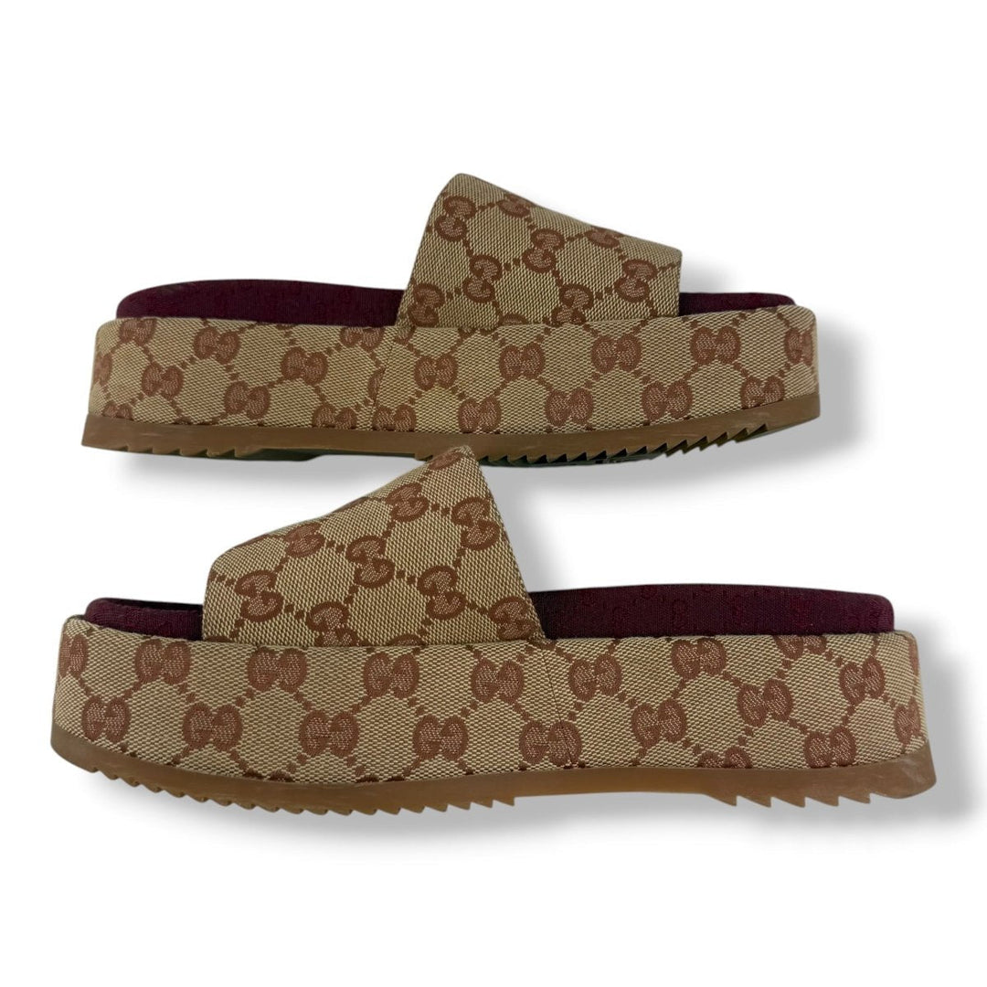Gucci Beige/Burgundy GG Platform Sandals UK 4 / EU 37