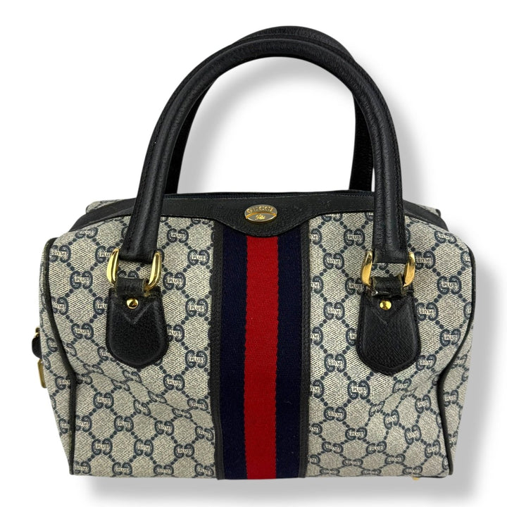 Gucci Beige/Navy GG Plus Monogram Boston Canvas Bag