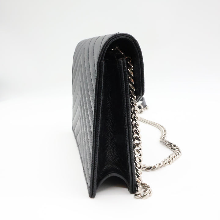 Saint Laurent YSL Black Grained Envelope Leather Wallet On Chain Handbag