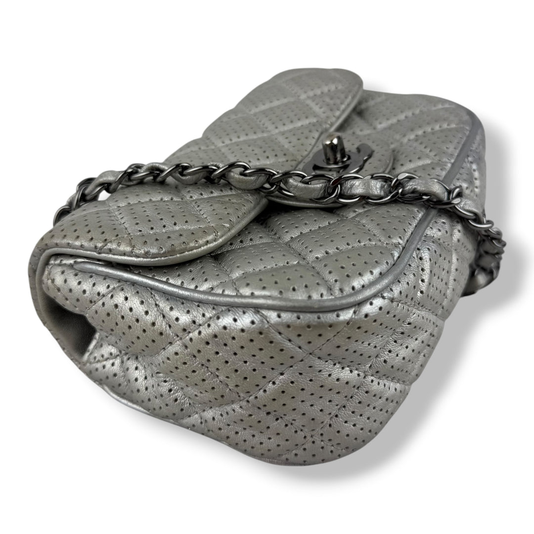 Chanel Mini Perforated Classic Flap Lambskin Silver Handbag