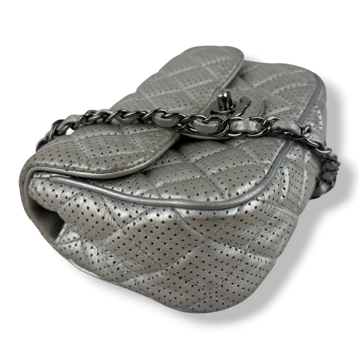 Chanel Mini Perforated Classic Flap Lambskin Silver Handbag