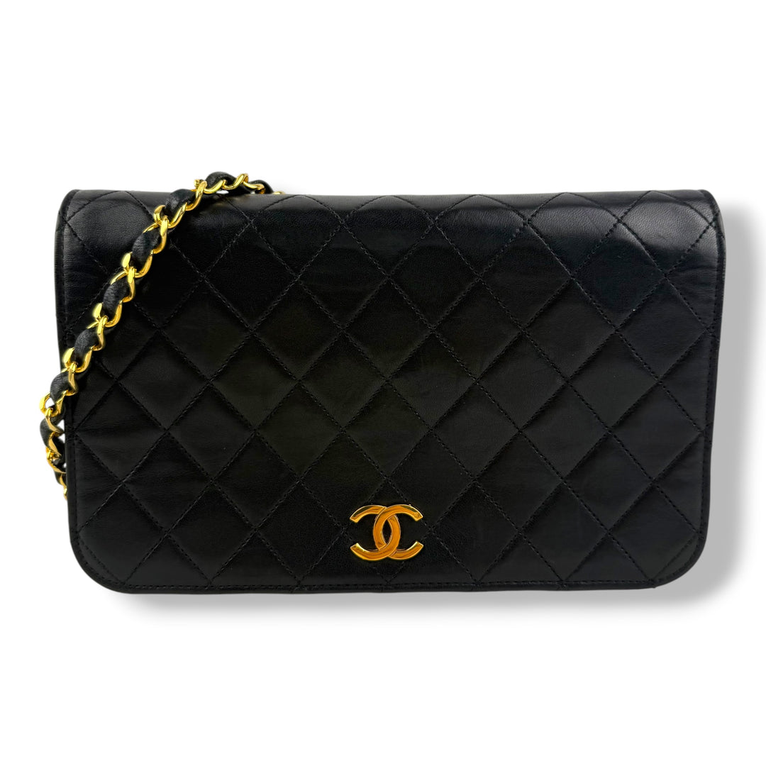 Chanel CC Black Push Lock Single Flap Quilted Lambskin Shoulder Handbag