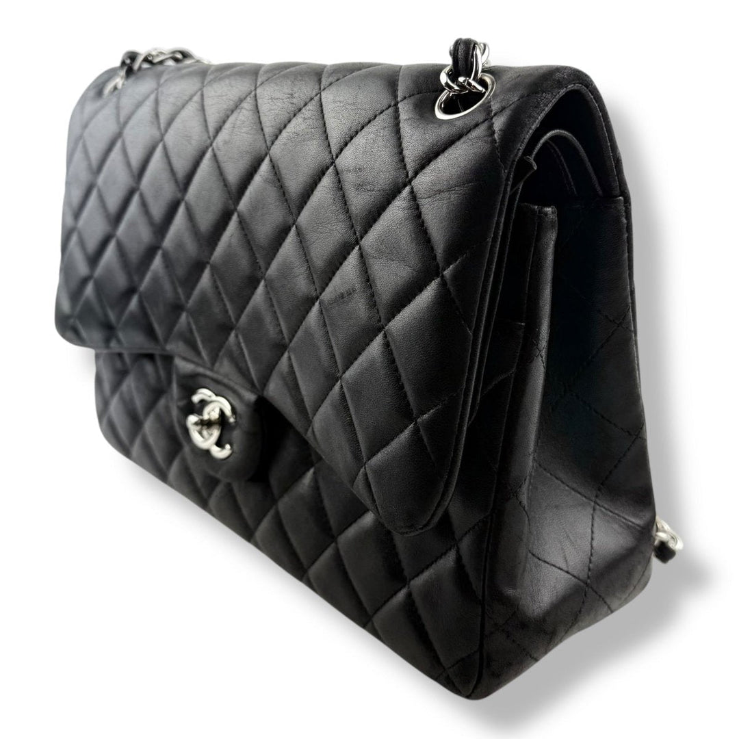 Chanel Double Classic Lambskin Black Flap Handbag Large
