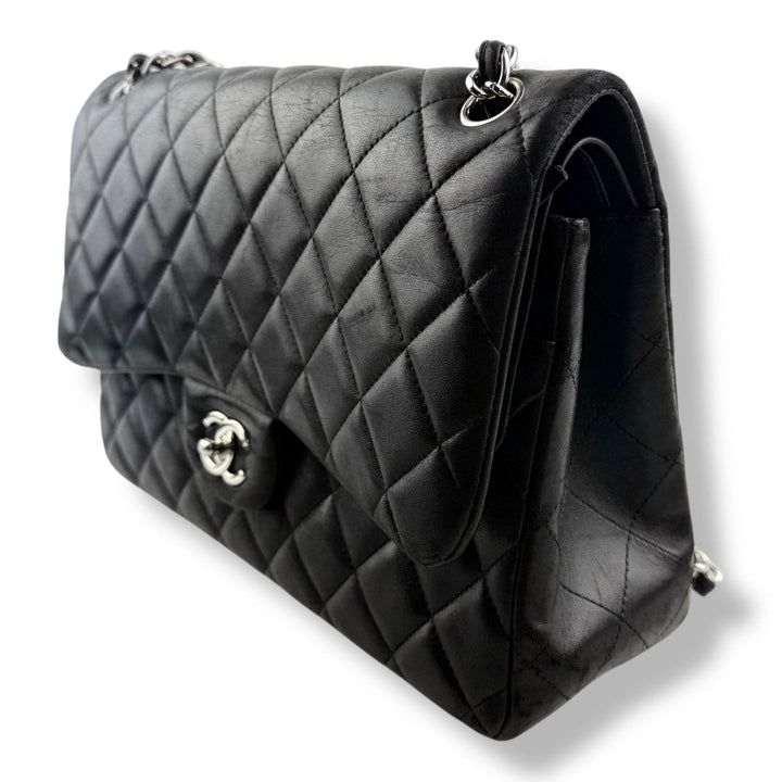 Chanel Double Classic Lambskin Black Flap Handbag Large