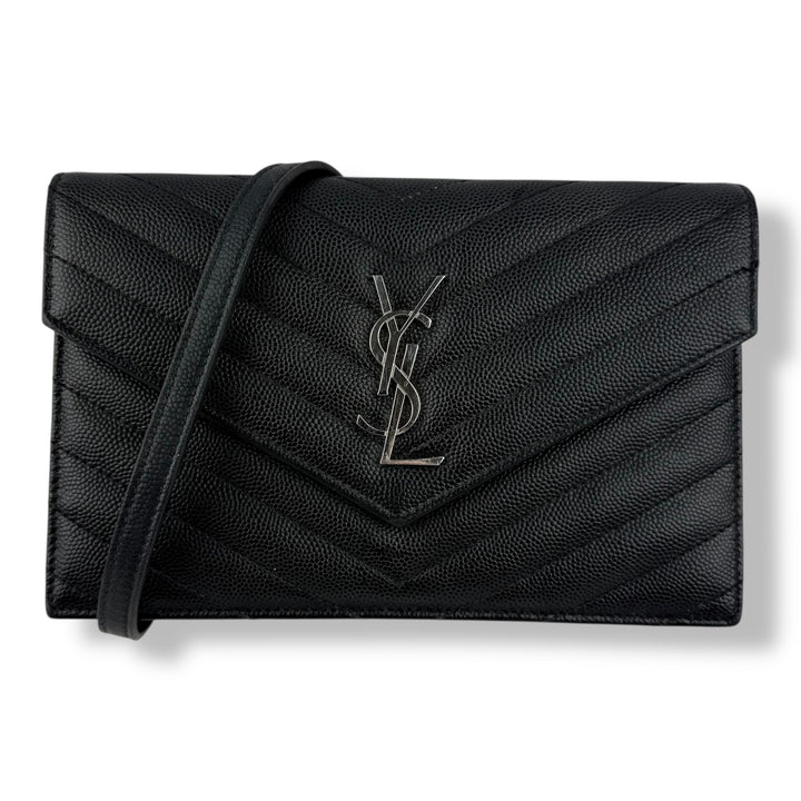 Saint Laurent YSL Black Grained Envelope Leather Wallet On Chain Handbag