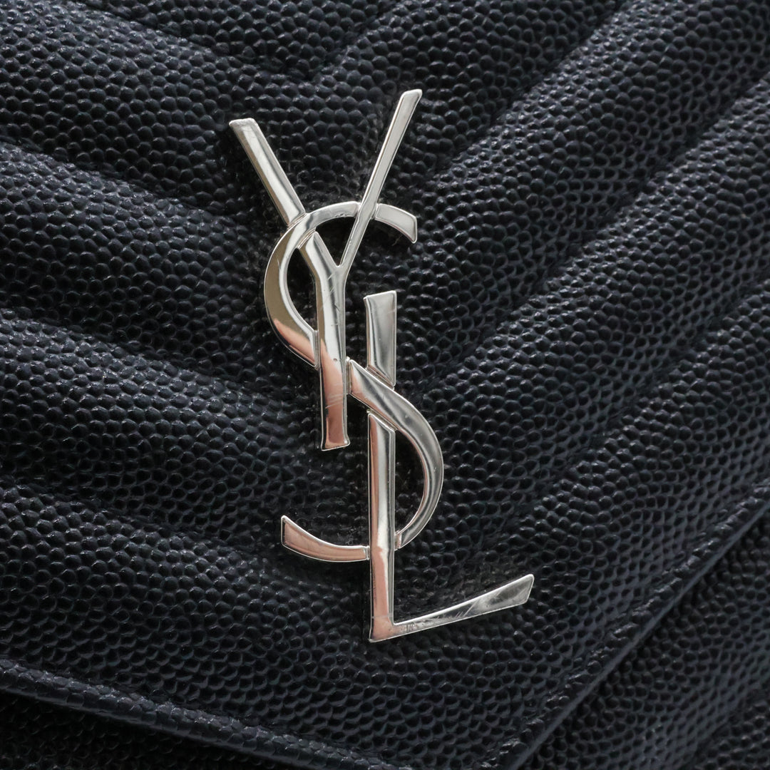 Saint Laurent YSL Black Grained Envelope Leather Wallet On Chain Handbag