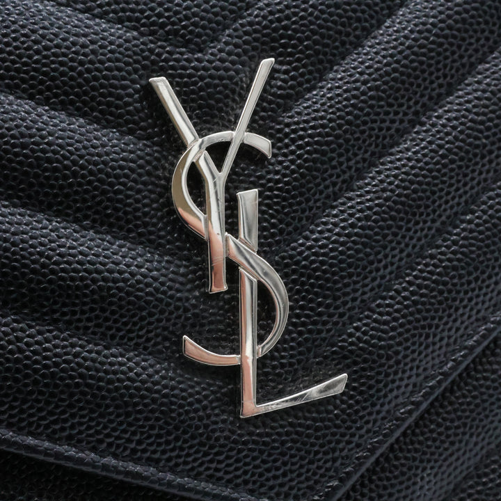 Saint Laurent YSL Black Grained Envelope Leather Wallet On Chain Handbag