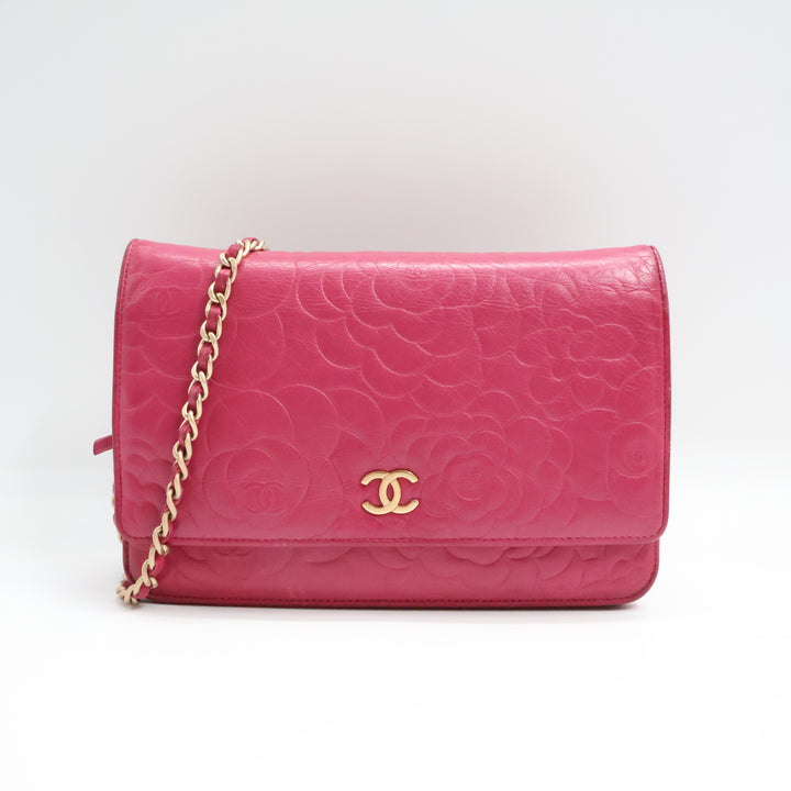 Chanel Lambskin Quilted Camelia Wallet On Chain WOC Fuchsia Handbag
