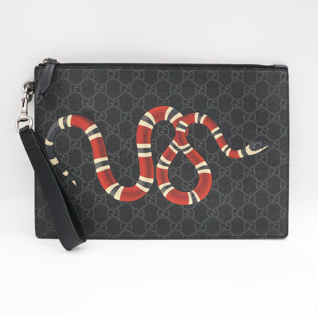 Gucci Canvas GG Supreme Black Snake Clutch Pouch Bag