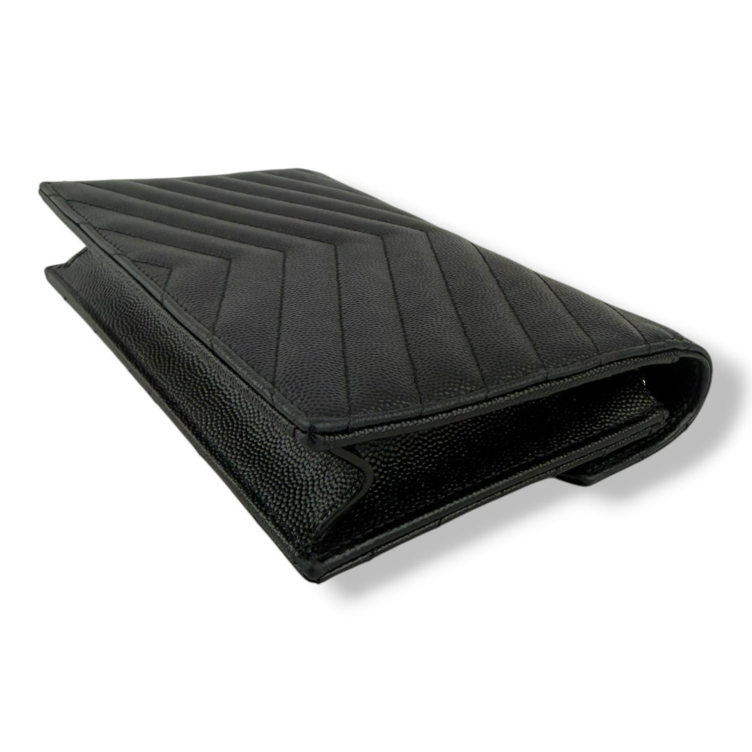 Saint Laurent YSL Black Grained Envelope Leather Wallet On Chain Handbag
